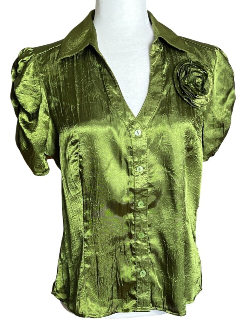 IZ Byer CA Retro 40s Satin Blouse Indie Green Rosette Glam Pinup Coquette Wom XL